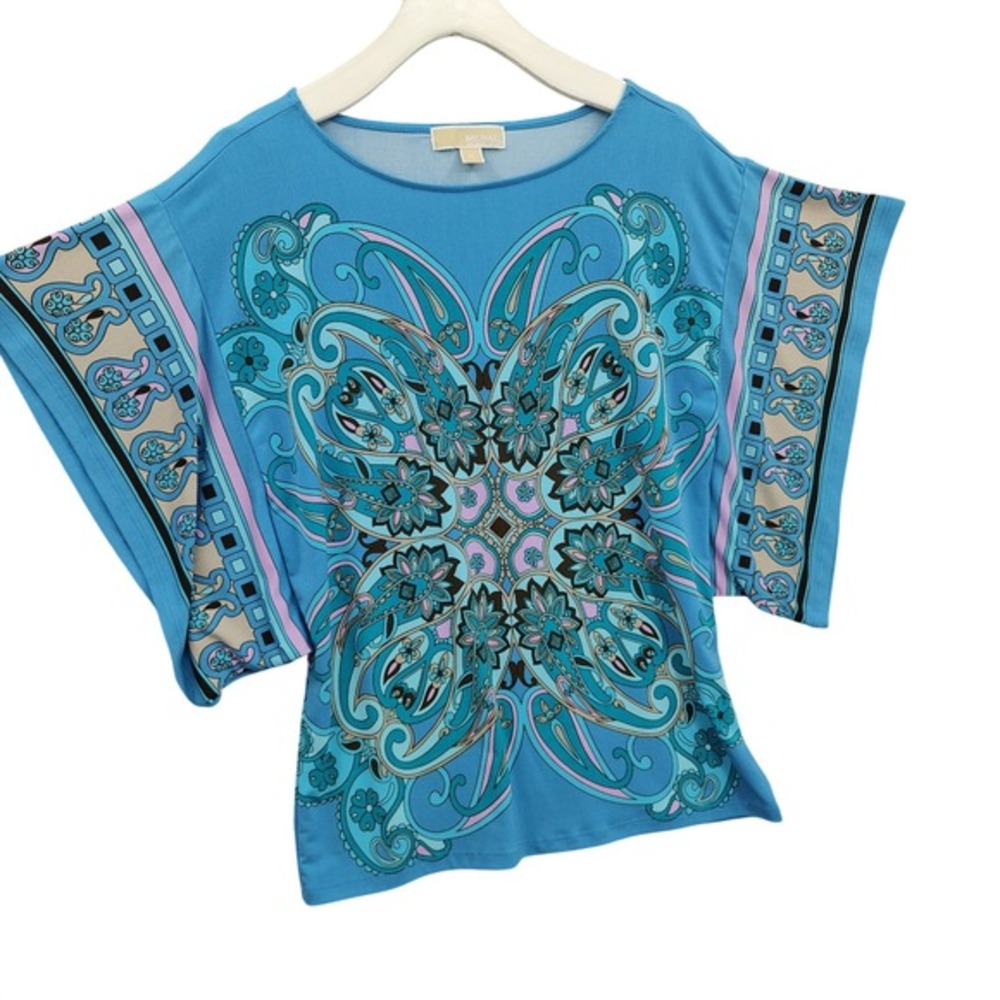 Michael Kors MMK Womens Kimono Beach Arts Retro Paisley Top M Blue Dolman Sleeve